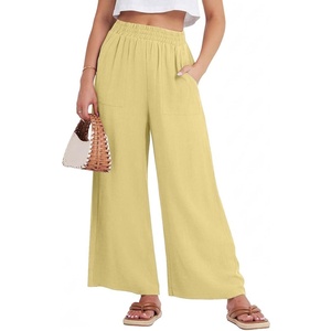 GRECERELLE Women Elastic High Waisted Wide Leg Pants Woman Casual Palazzo Trousers(Butter Yellow)