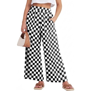 GRECERELLE Women Elastic High Waisted Wide Leg Pants Woman Casual Palazzo Trousers(Middle Black White Plaid)