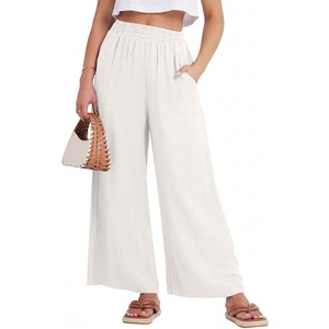 GRECERELLE Women Elastic High Waisted Wide Leg Pants Woman Casual Palazzo Trousers(Pearl White)