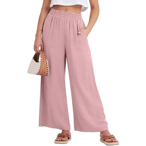 GRECERELLE Women Elastic High Waisted Wide Leg Pants Woman Casual Palazzo Trousers(Pink)