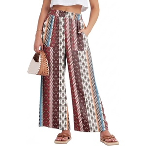 GRECERELLE Women Elastic High Waisted Wide Leg Pants Woman Casual Palazzo Trousers(Red Cashew Stripe)