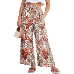 GRECERELLE Women Elastic High Waisted Wide Leg Pants Woman Casual Palazzo Trousers(White Red Paisley)