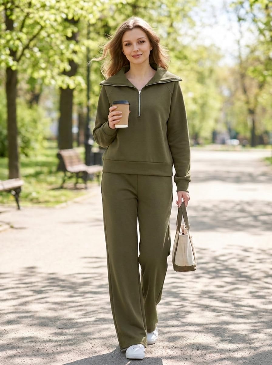 image:imageGRECERELLE Womens Lounge Sets 2 Piece Sweatsuit Outfits Matching TracksuitArmy Green