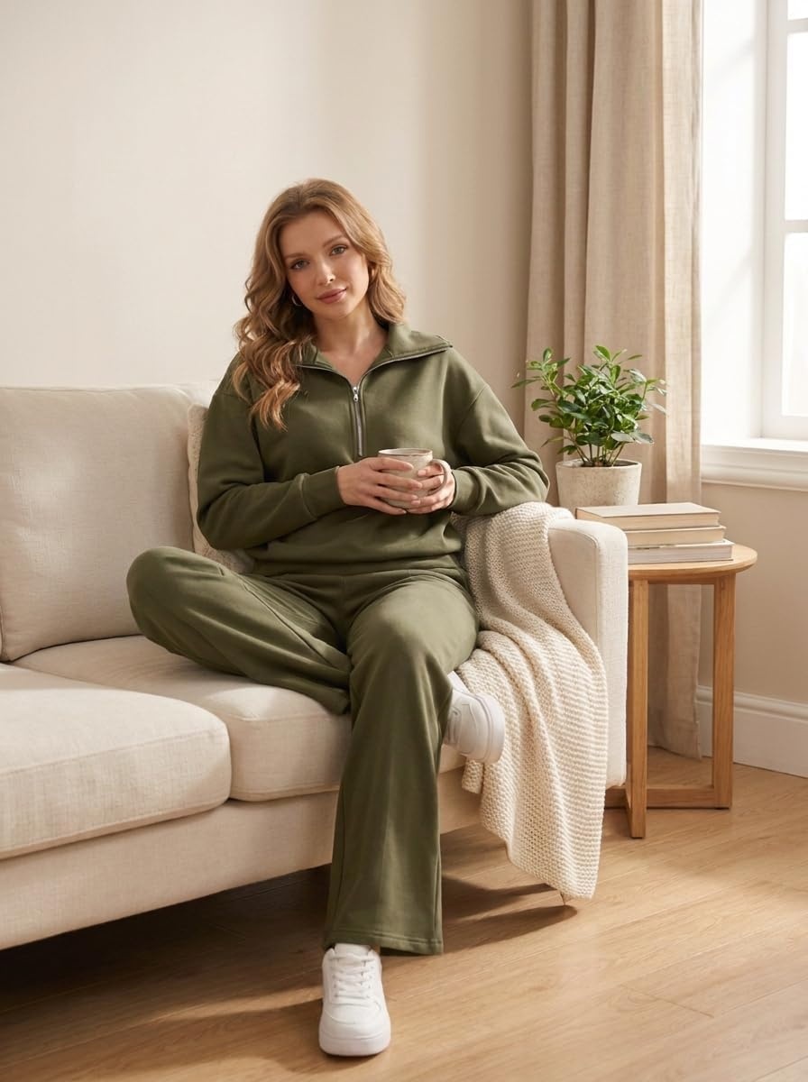image:imageGRECERELLE Womens Lounge Sets 2 Piece Sweatsuit Outfits Matching TracksuitArmy Green