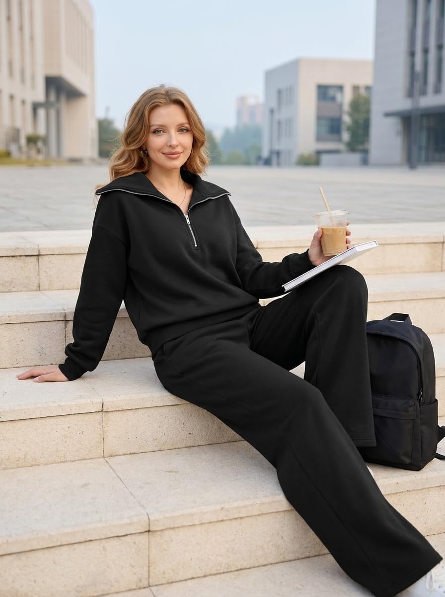 image:imageGRECERELLE Womens Lounge Sets 2 Piece Sweatsuit Outfits Matching TracksuitBlack