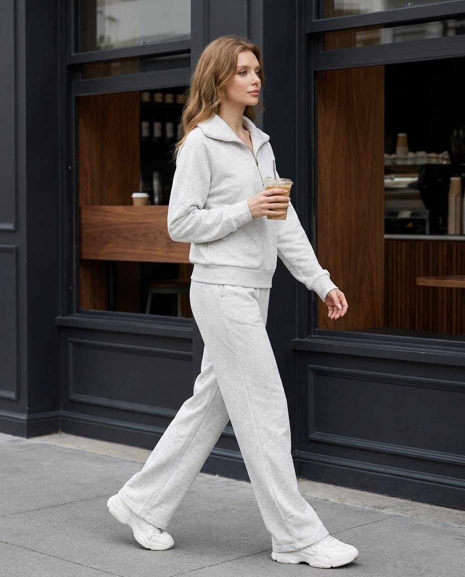 image:imageGRECERELLE Womens Lounge Sets 2 Piece Sweatsuit Outfits Matching TracksuitHeather Grey