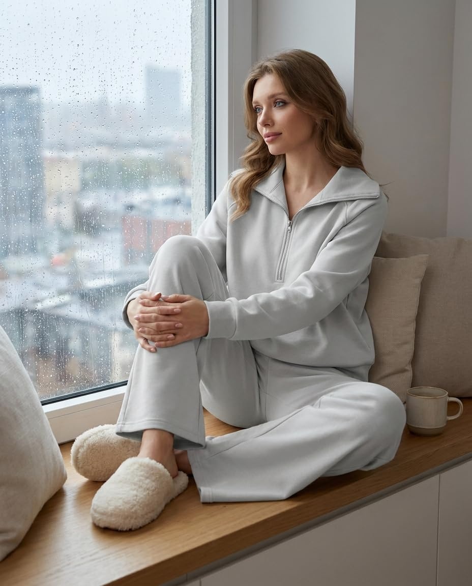 image:imageGRECERELLE Womens Lounge Sets 2 Piece Sweatsuit Outfits Matching TracksuitLight Gray
