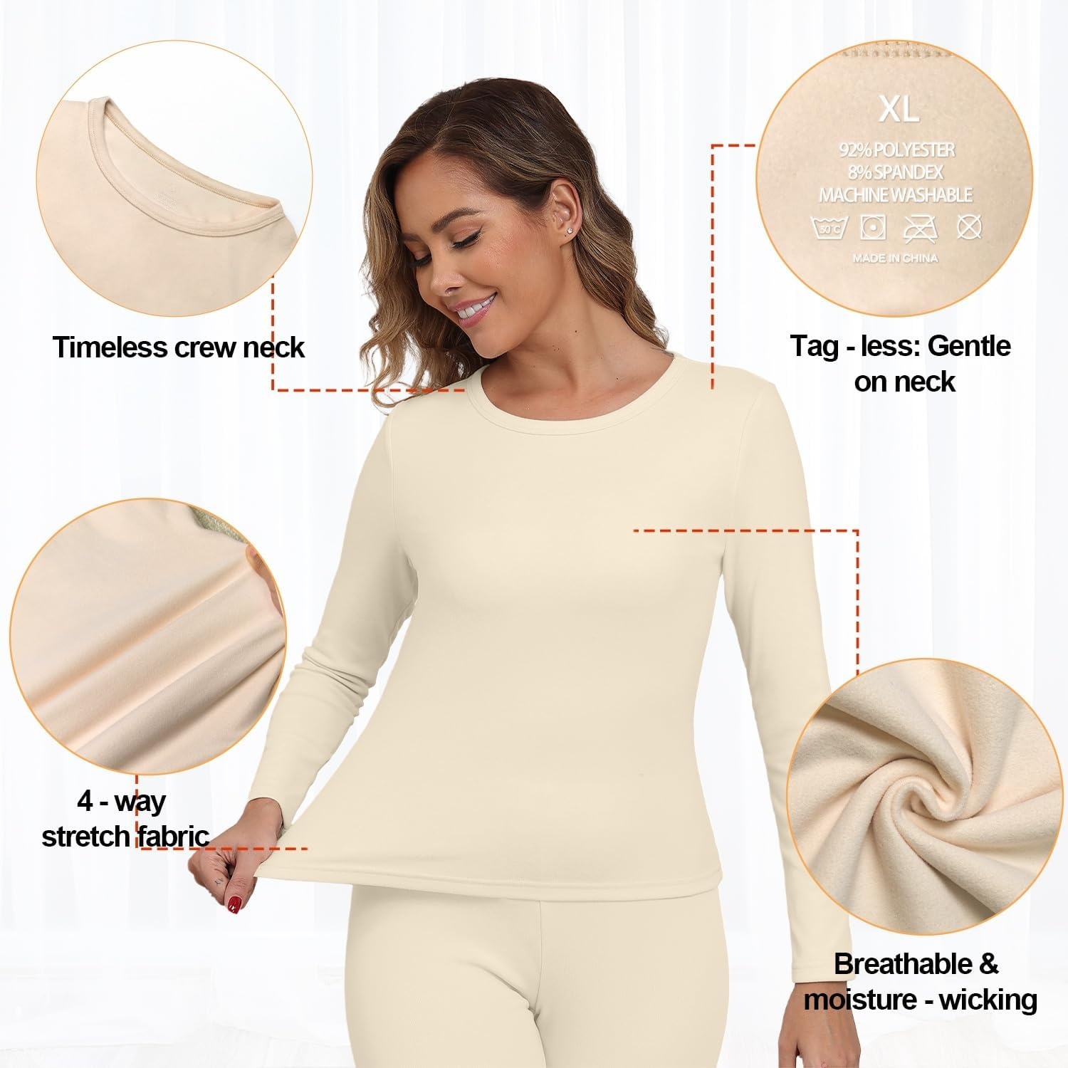 image:imageGRECERELLE 2026 Women Thermal T Shirt Round Neck Base Layer TopBeige