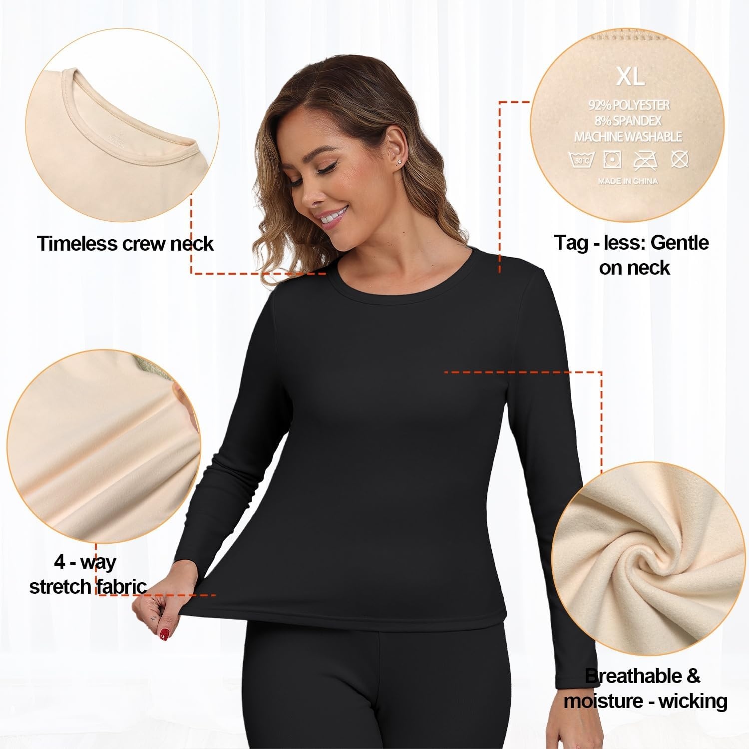 image:imageGRECERELLE 2026 Women Thermal T Shirt Round Neck Base Layer TopBlack