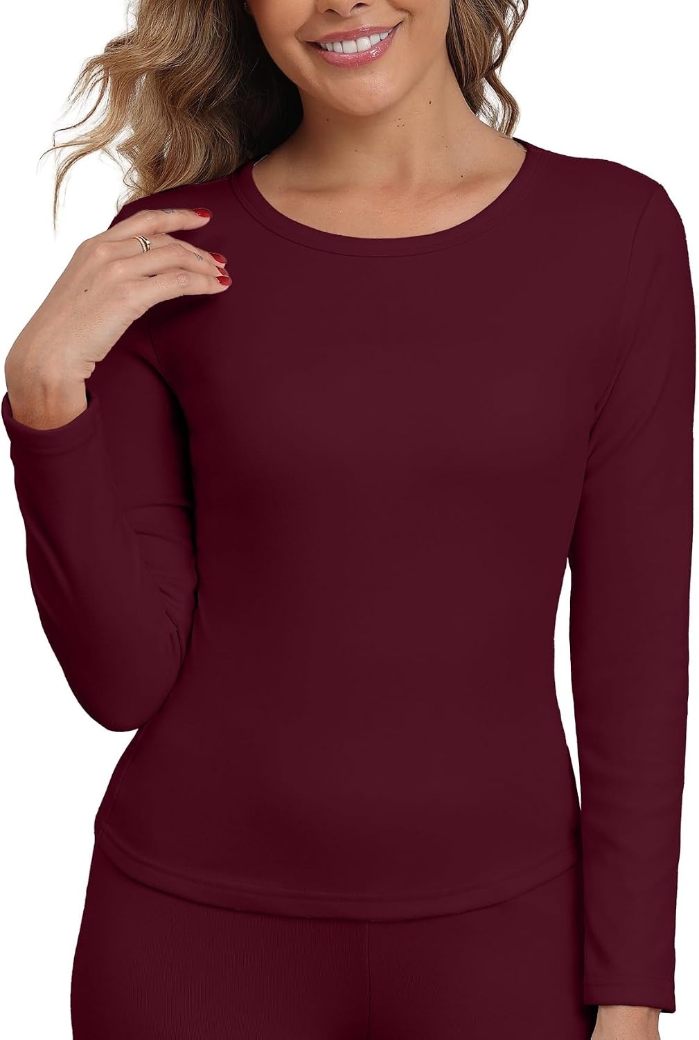 image:imageGRECERELLE 2026 Women Thermal T Shirt Round Neck Base Layer TopBurgundy