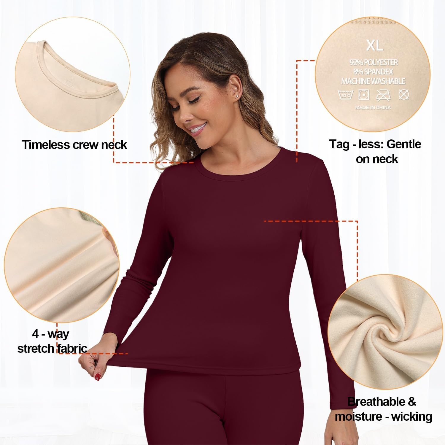 image:imageGRECERELLE 2026 Women Thermal T Shirt Round Neck Base Layer TopBurgundy