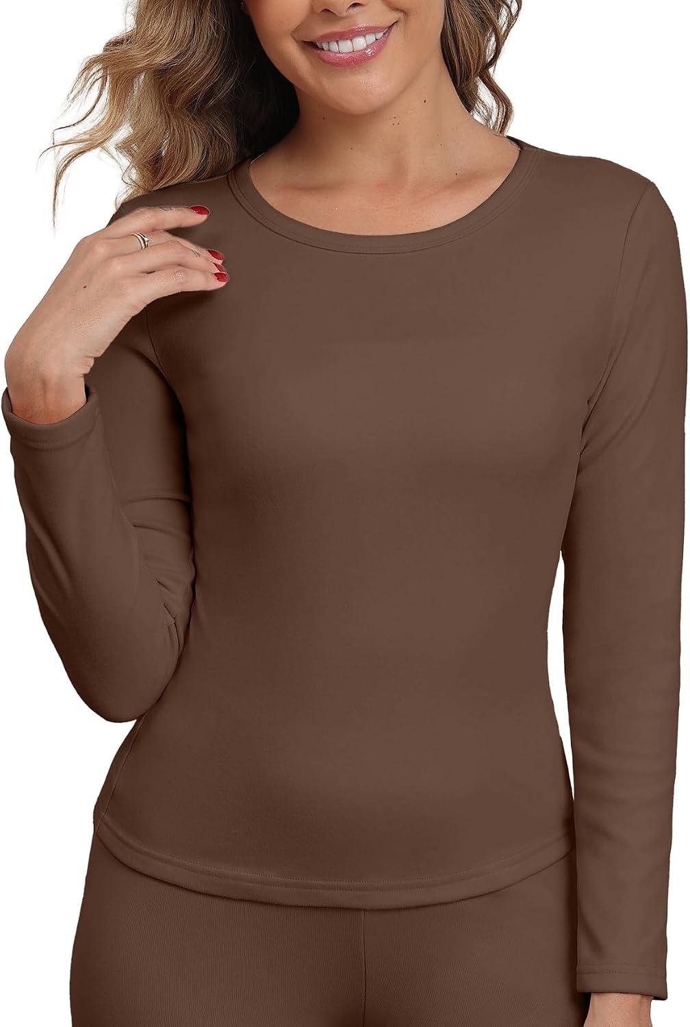 image:imageGRECERELLE 2026 Women Thermal T Shirt Round Neck Base Layer TopCoffee