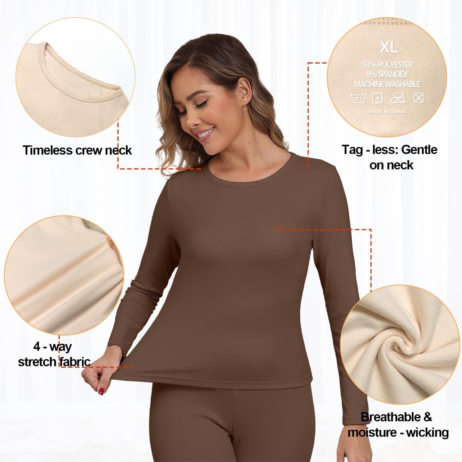 image:imageGRECERELLE 2026 Women Thermal T Shirt Round Neck Base Layer TopCoffee