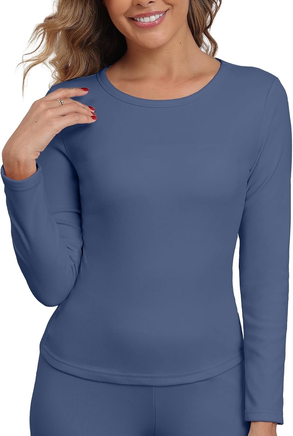 image:imageGRECERELLE 2026 Women Thermal T Shirt Round Neck Base Layer TopDenim Blue
