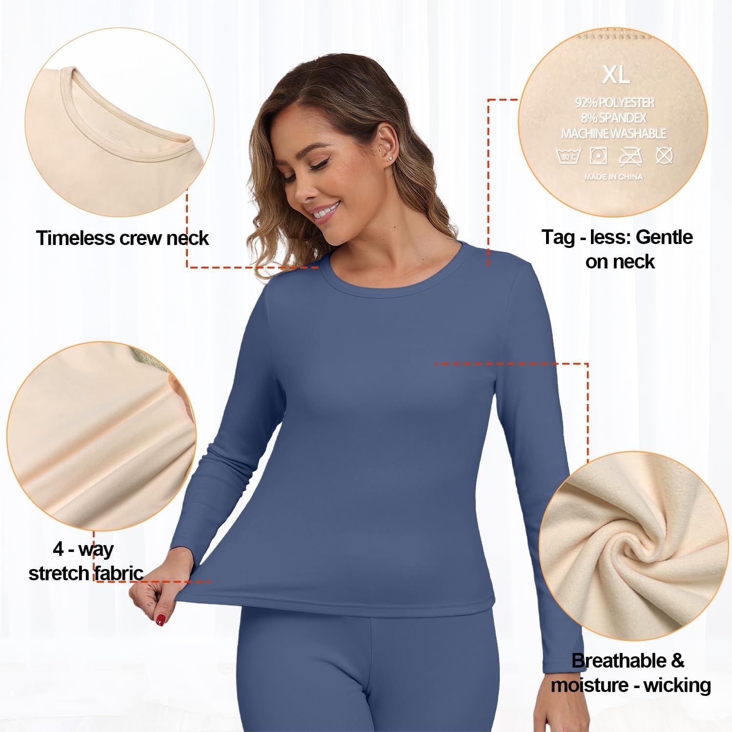 image:imageGRECERELLE 2026 Women Thermal T Shirt Round Neck Base Layer TopDenim Blue