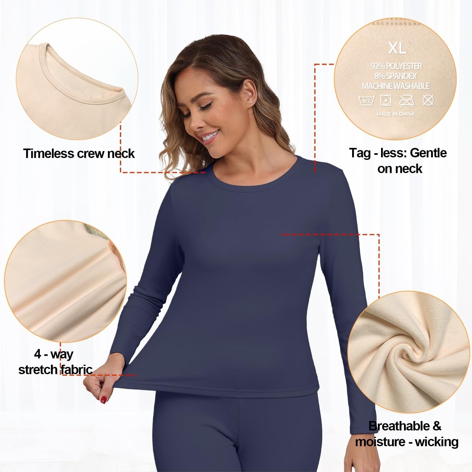 image:imageGRECERELLE 2026 Women Thermal T Shirt Round Neck Base Layer TopNavy Blue