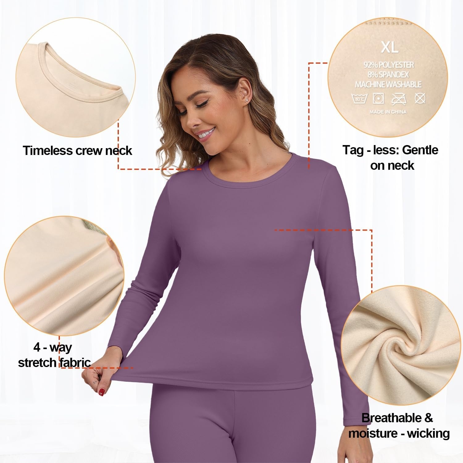 image:imageGRECERELLE 2026 Women Thermal T Shirt Round Neck Base Layer TopPurple