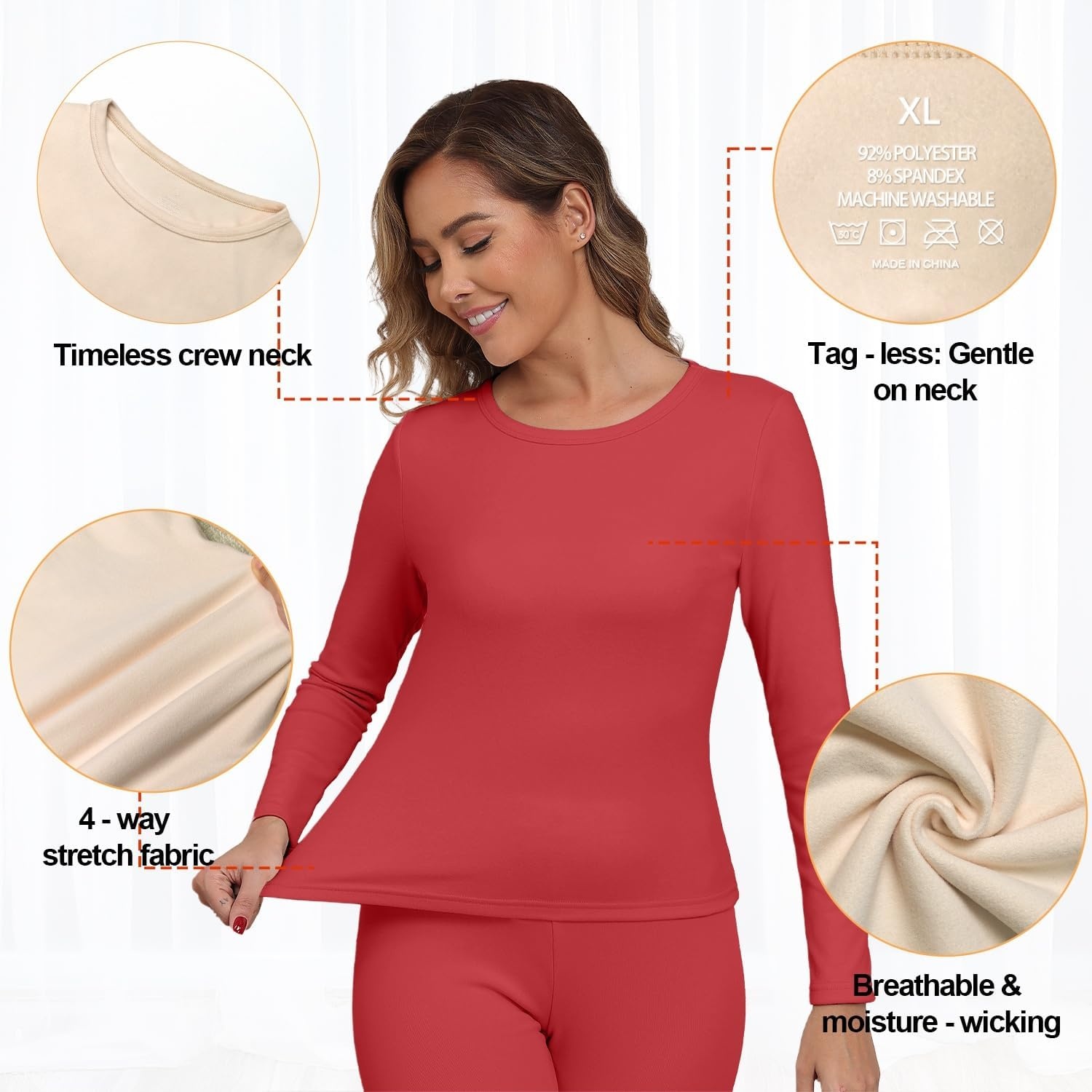 image:imageGRECERELLE 2026 Women Thermal T Shirt Round Neck Base Layer TopRed