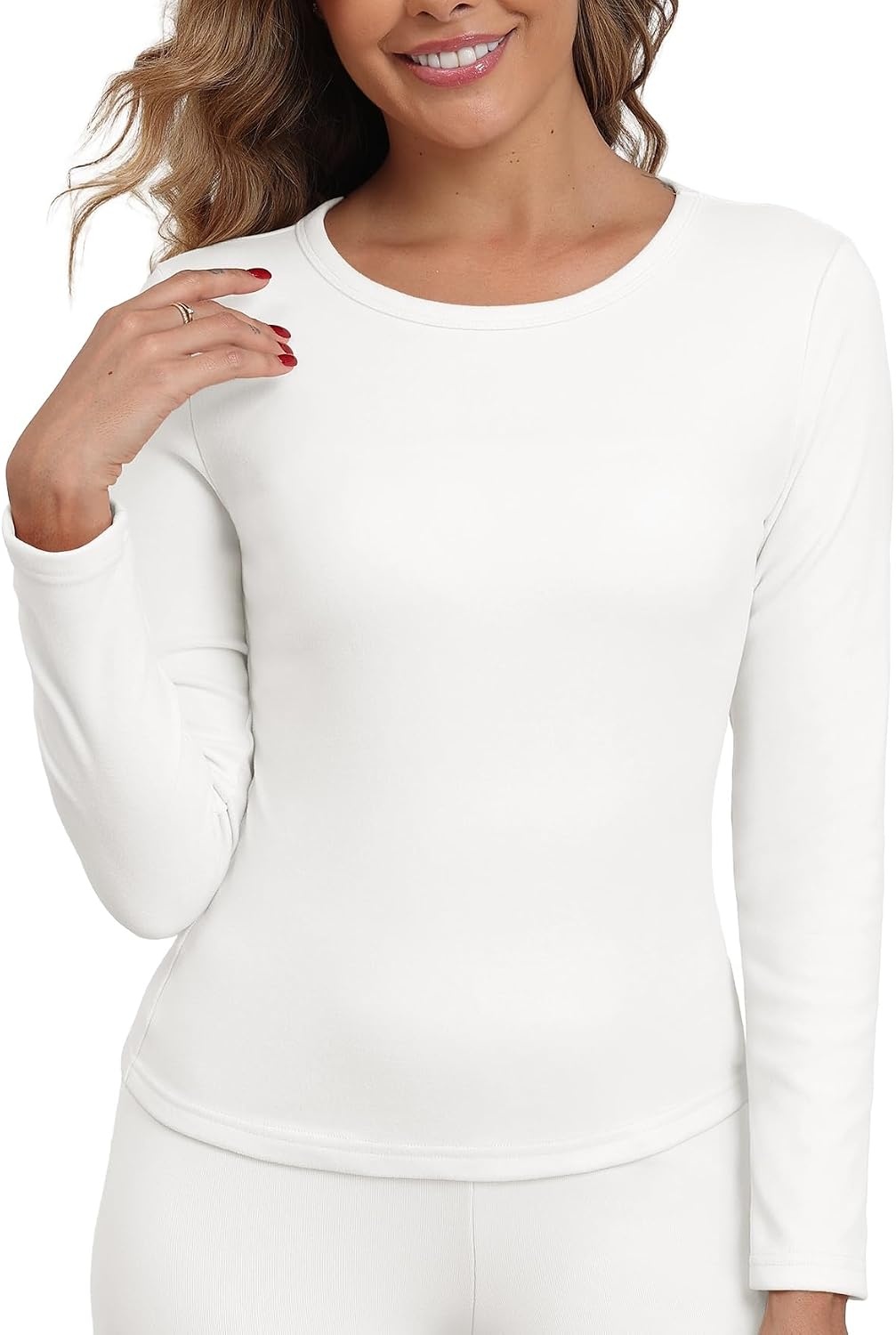 image:imageGRECERELLE 2026 Women Thermal T Shirt Round Neck Base Layer TopWhite