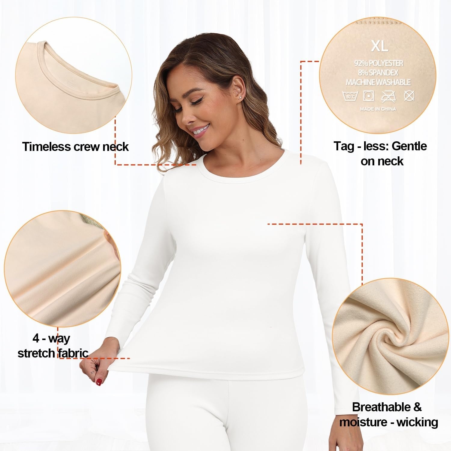 image:imageGRECERELLE 2026 Women Thermal T Shirt Round Neck Base Layer TopWhite