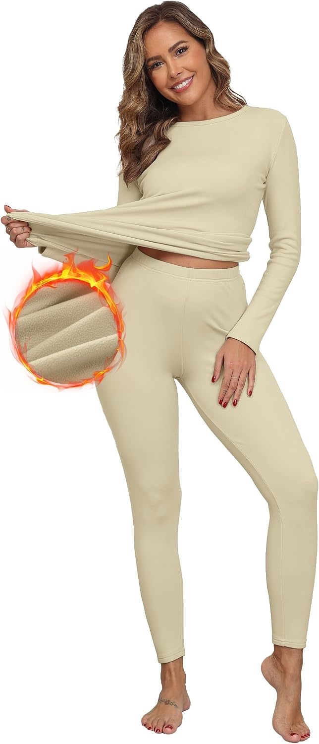 image:imageGRECERELLE 2026 Womens Base Layer Thermal Underwear Pajama SetsApricot