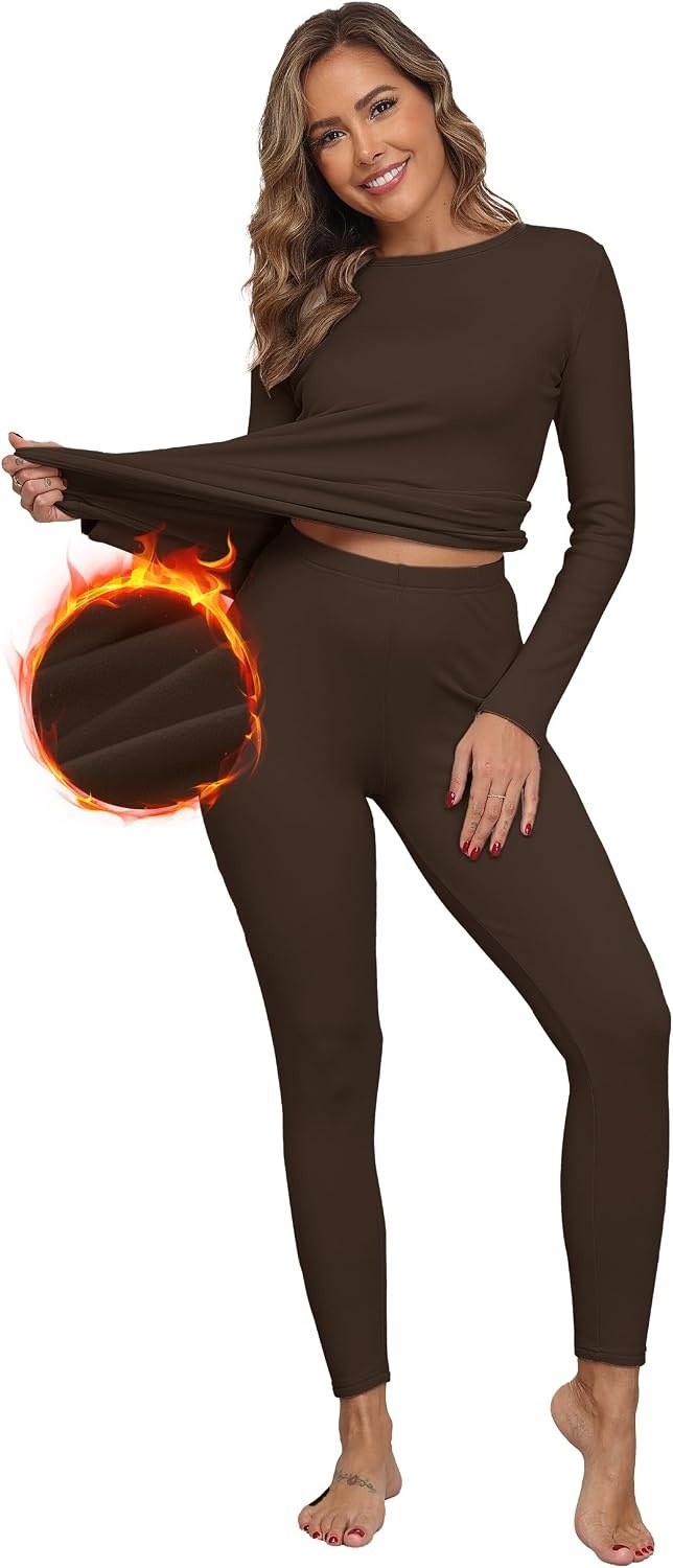 image:imageGRECERELLE 2026 Womens Base Layer Thermal Underwear Pajama SetsDark Brown