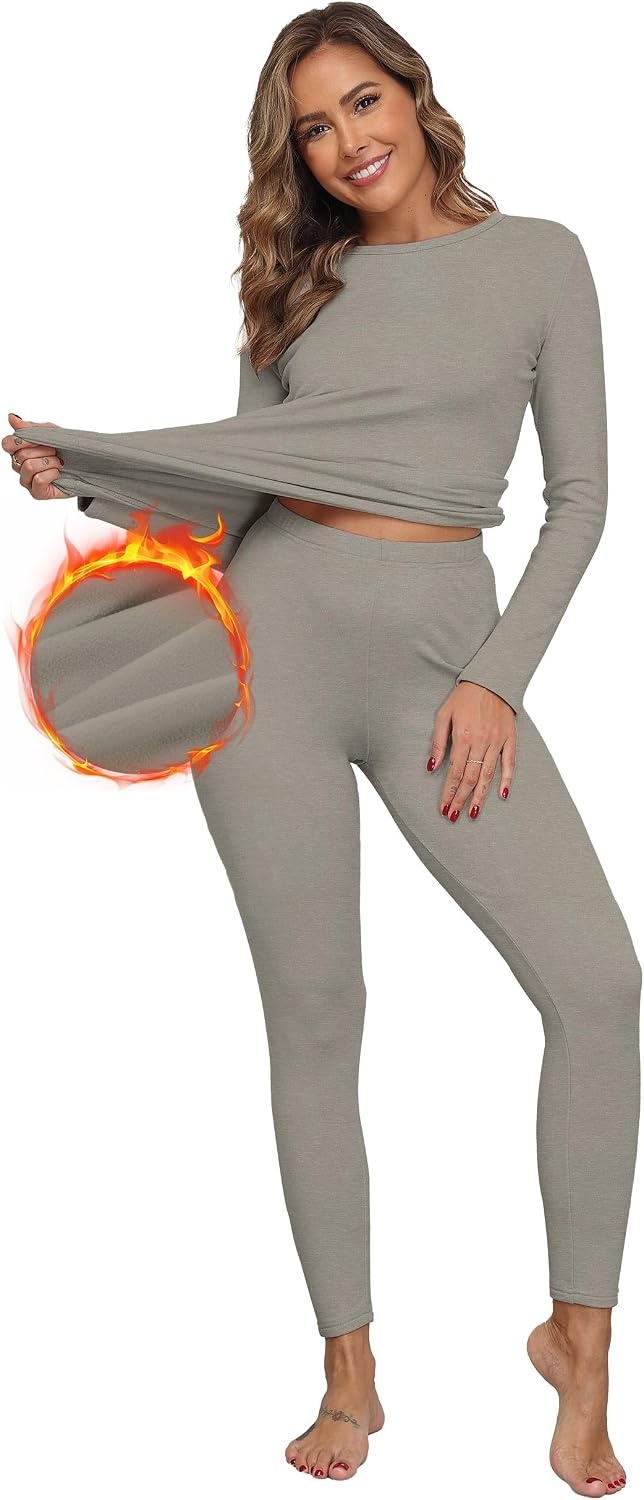image:imageGRECERELLE 2026 Womens Base Layer Thermal Underwear Pajama SetsWarm Gray