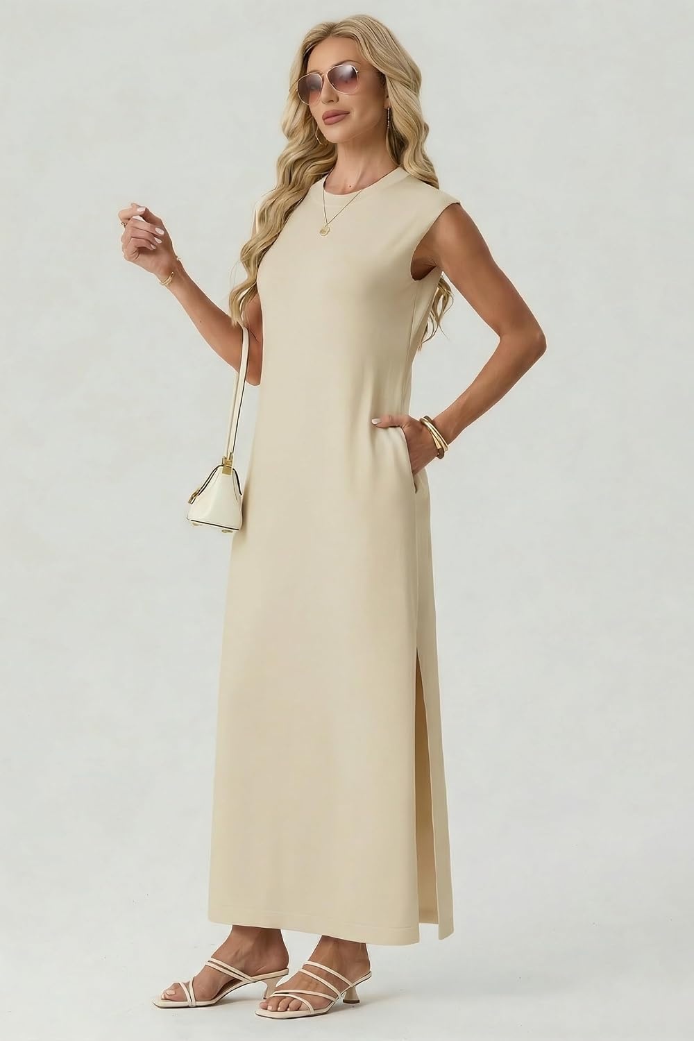 image:imageGRECERELLE 2026 Womens Summer Fall Shift Sweater Maxi Dress with PocketsApricot