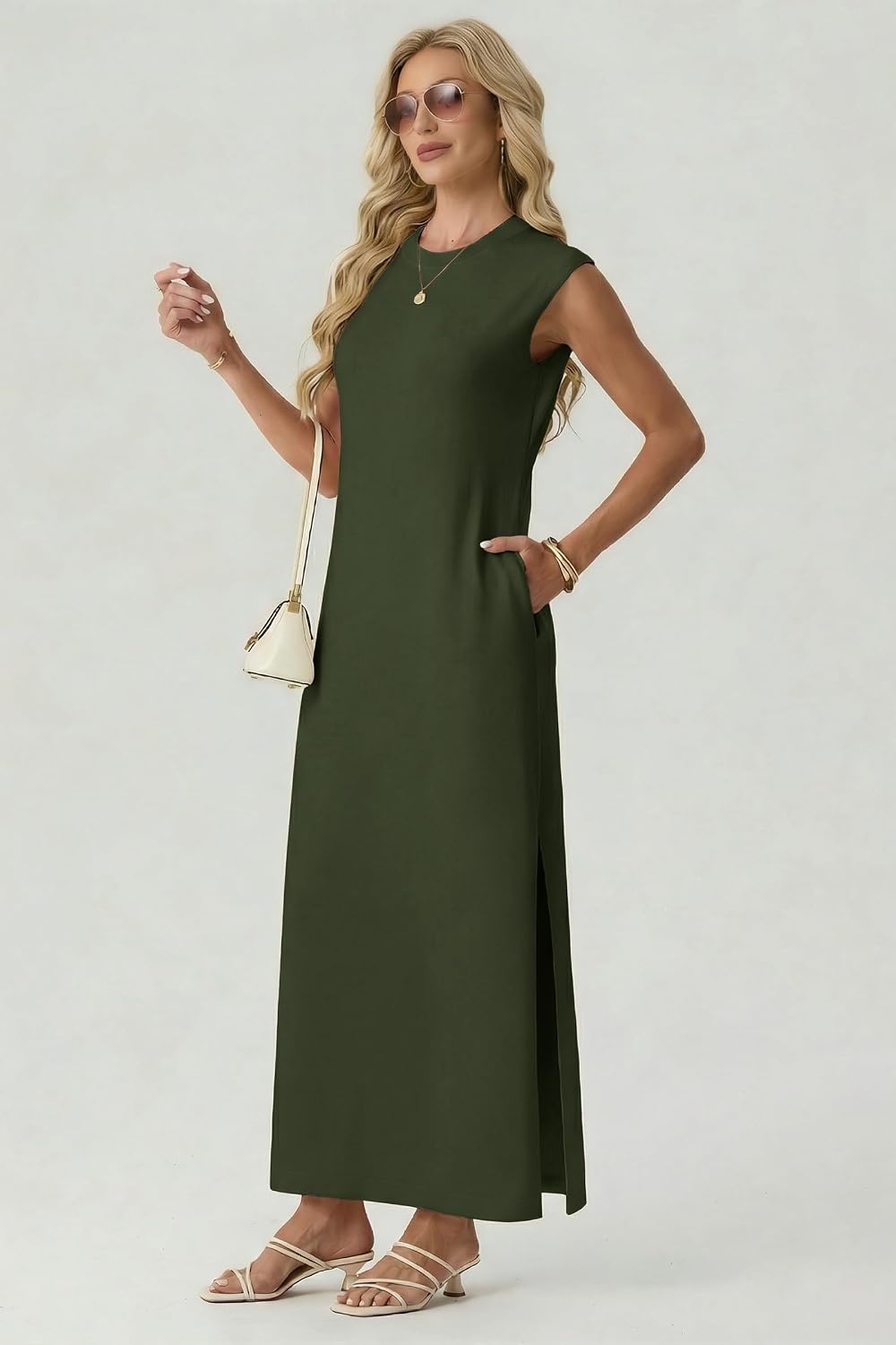 image:imageGRECERELLE 2026 Womens Summer Fall Shift Sweater Maxi Dress with PocketsArmy Green