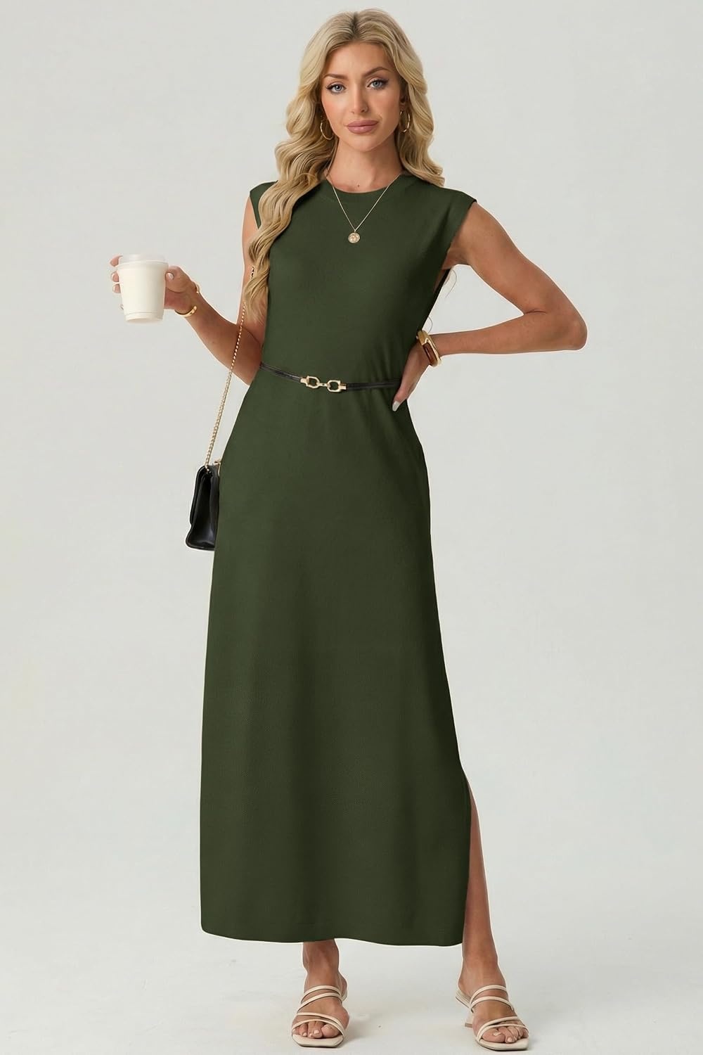 image:imageGRECERELLE 2026 Womens Summer Fall Shift Sweater Maxi Dress with PocketsArmy Green