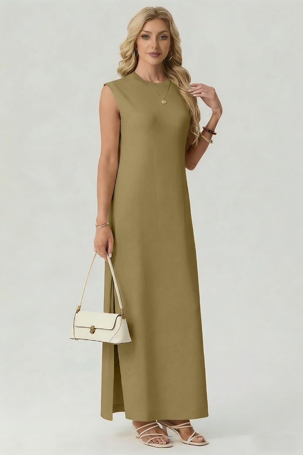 image:imageGRECERELLE 2026 Womens Summer Fall Shift Sweater Maxi Dress with PocketsKhaki