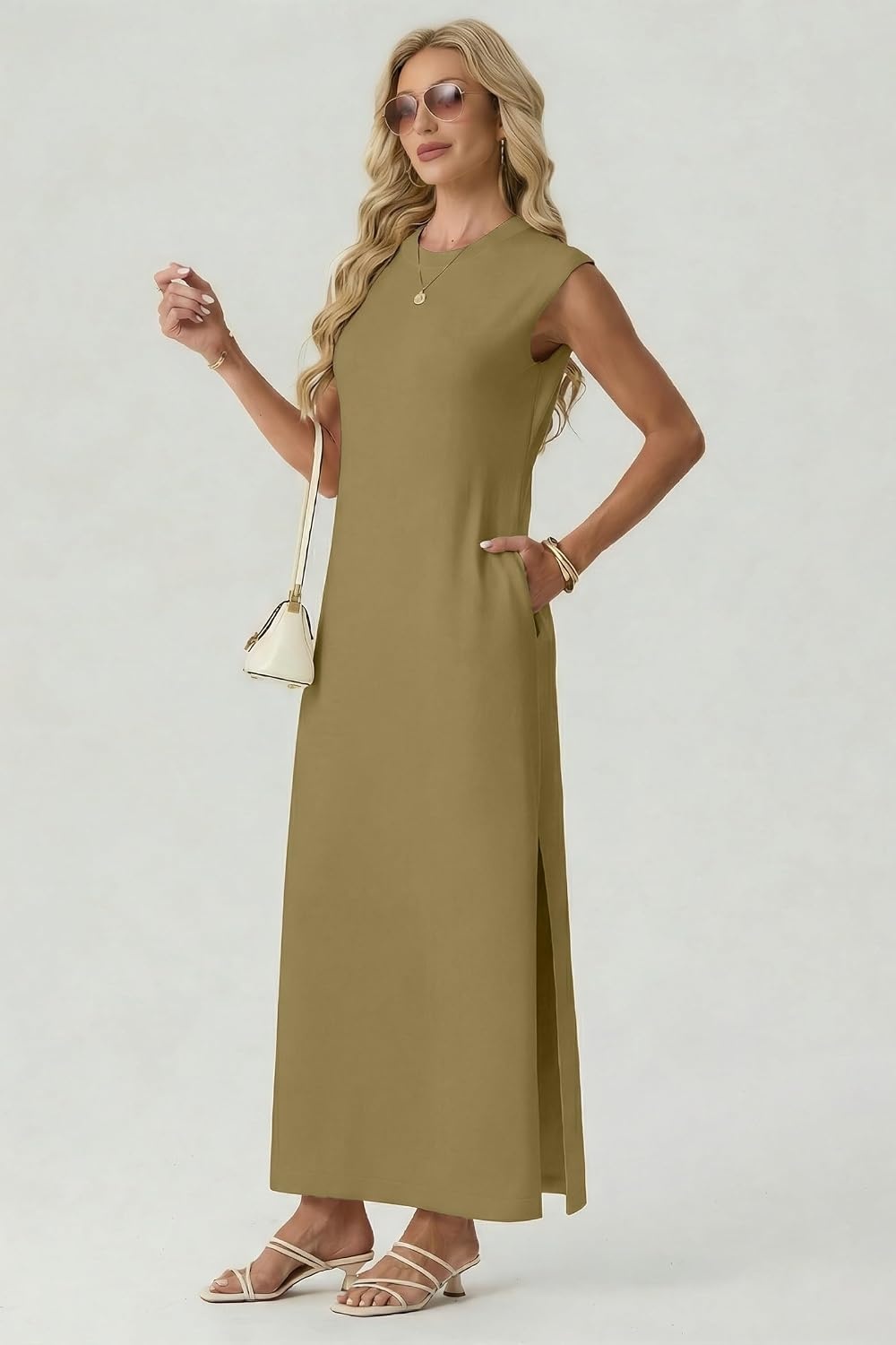image:imageGRECERELLE 2026 Womens Summer Fall Shift Sweater Maxi Dress with PocketsKhaki