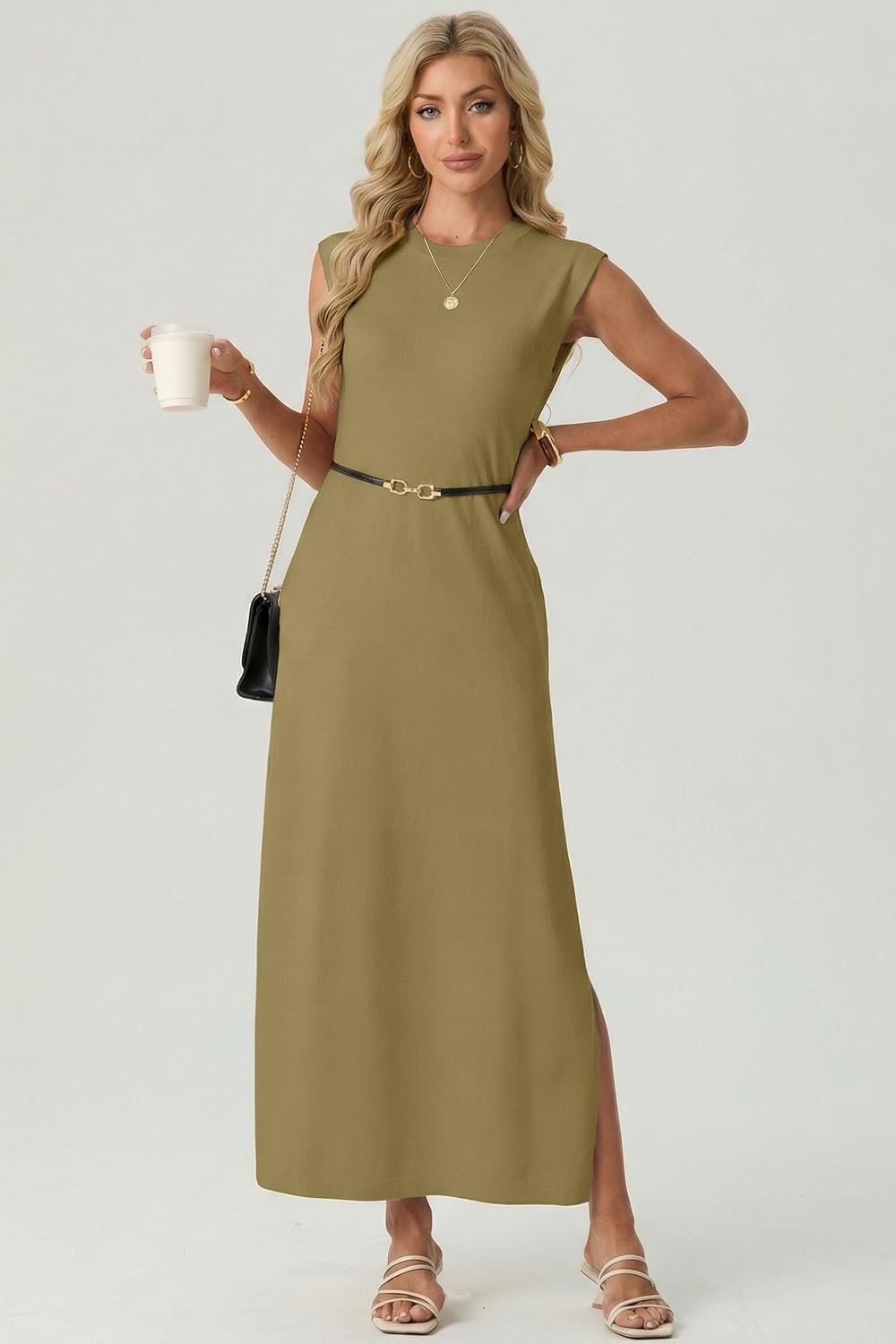 image:imageGRECERELLE 2026 Womens Summer Fall Shift Sweater Maxi Dress with PocketsKhaki