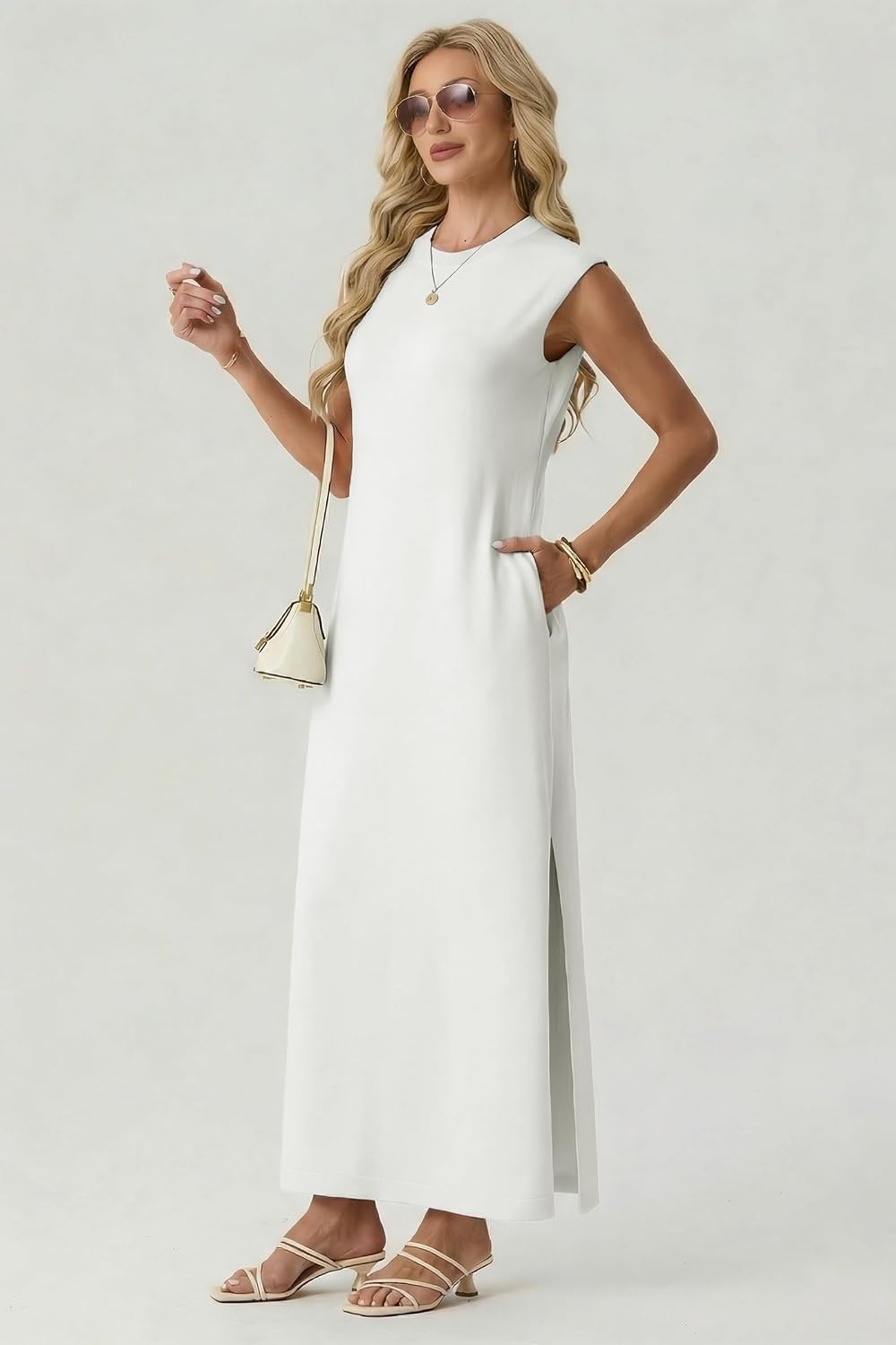 image:imageGRECERELLE 2026 Womens Summer Fall Shift Sweater Maxi Dress with PocketsWhite