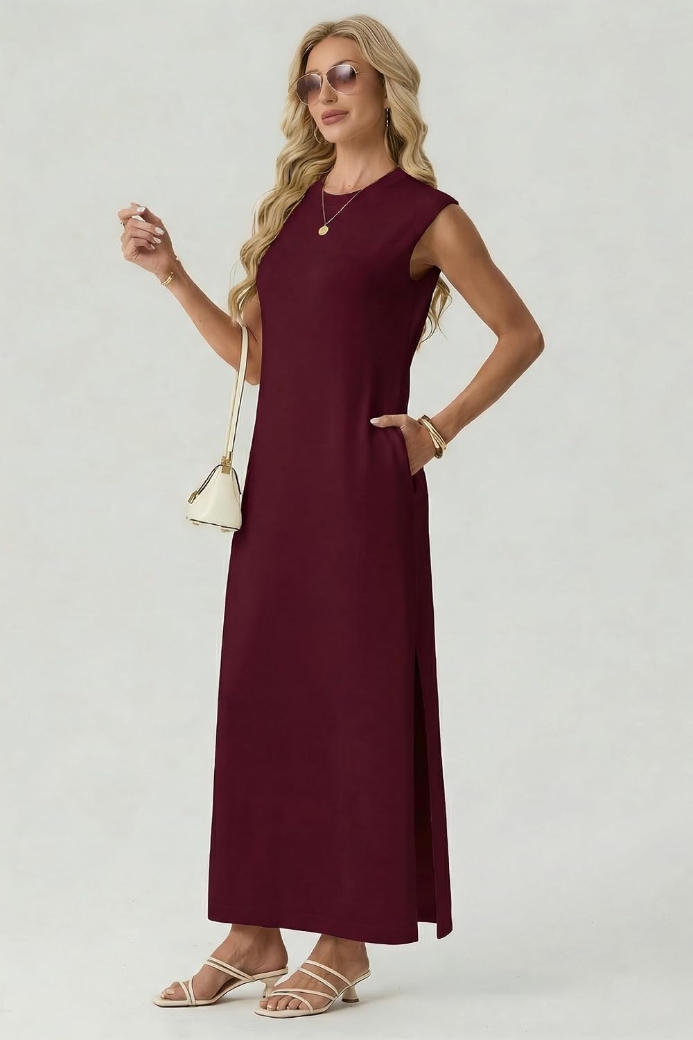 image:imageGRECERELLE 2026 Womens Summer Fall Shift Sweater Maxi Dress with PocketsWine Red