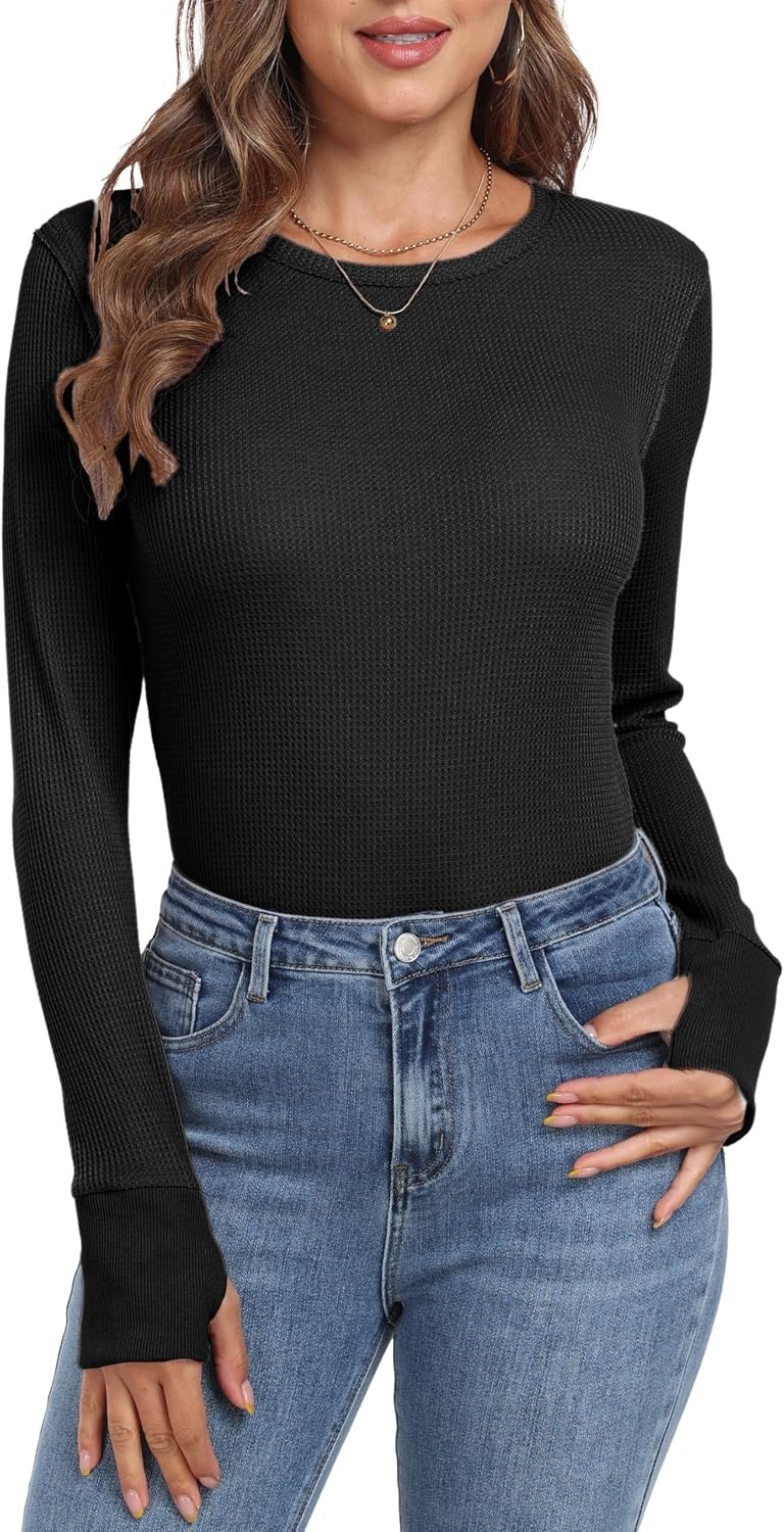 image:imageGRECERELLE Long Sleeve Shirts for Women Waffle Knit Tops for Women Y2K TopsBlack