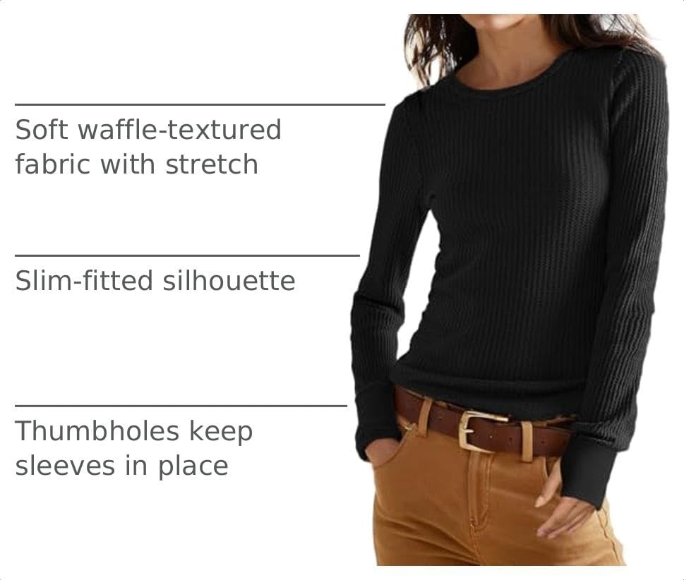 image:imageGRECERELLE Long Sleeve Shirts for Women Waffle Knit Tops for Women Y2K TopsBlack