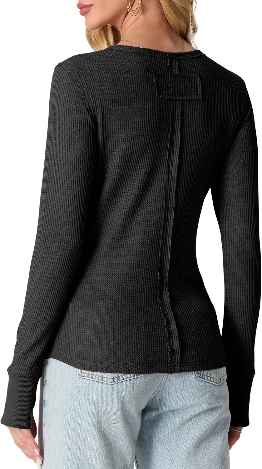 image:imageGRECERELLE Long Sleeve Shirts for Women Waffle Knit Tops for Women Y2K TopsBlack