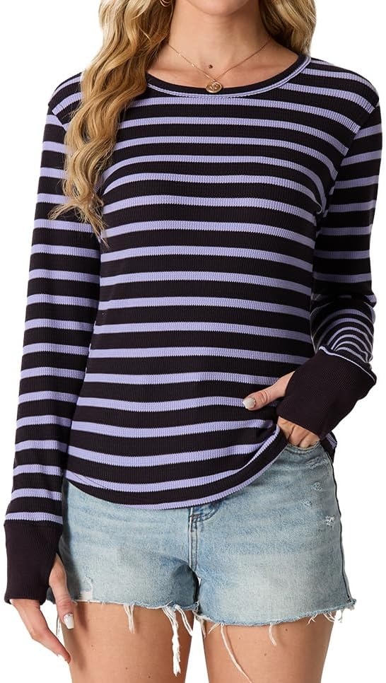 image:imageGRECERELLE Long Sleeve Shirts for Women Waffle Knit Tops for Women Y2K TopsBlack Purple Stripe