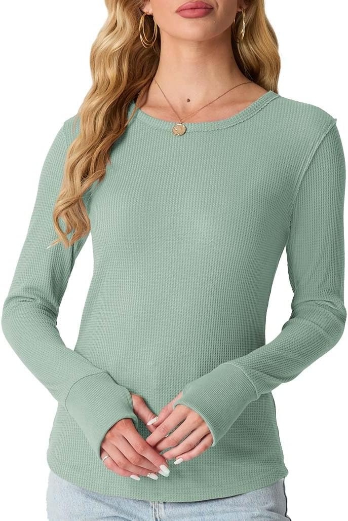 image:imageGRECERELLE Long Sleeve Shirts for Women Waffle Knit Tops for Women Y2K TopsDark Lake Blue