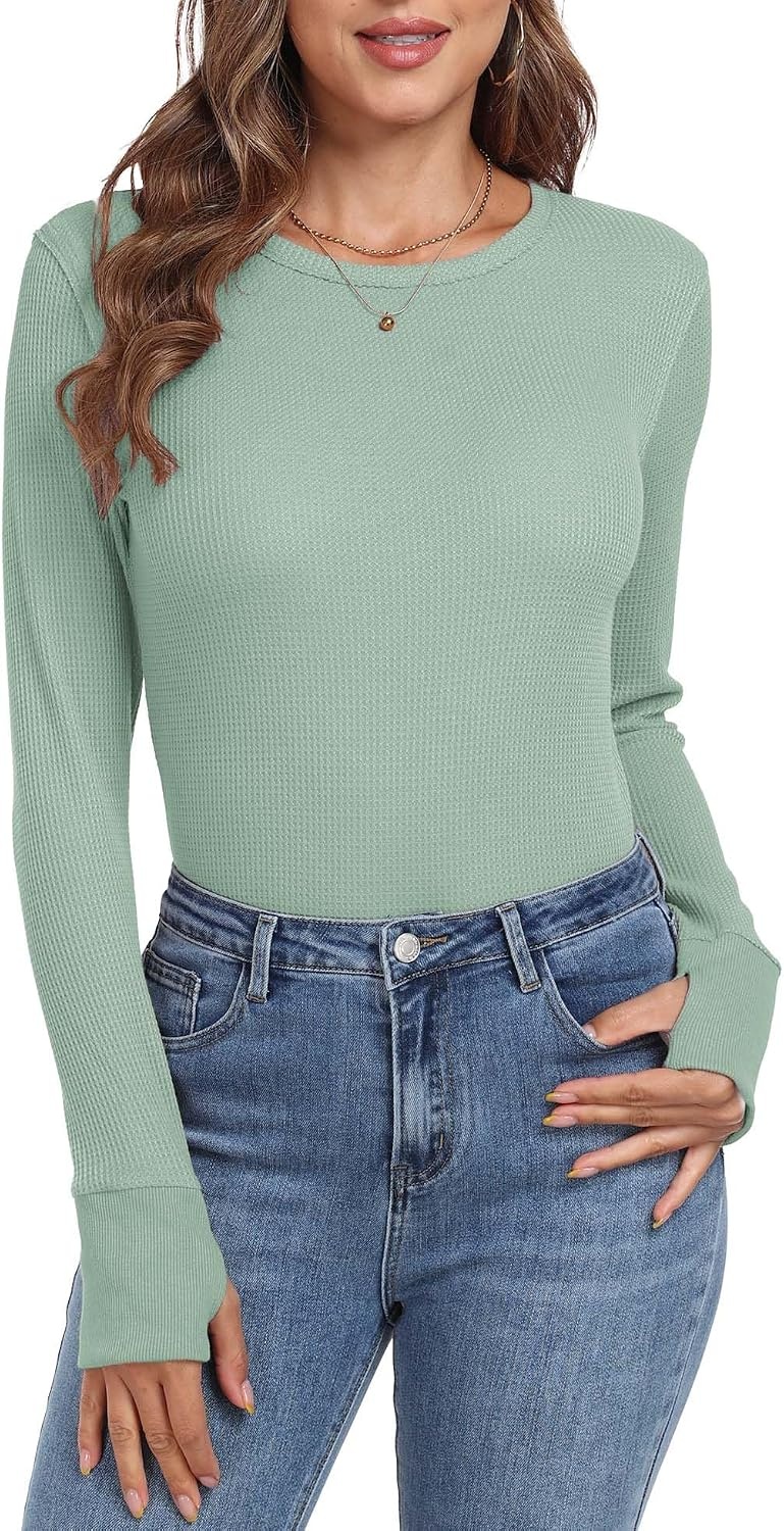 image:imageGRECERELLE Long Sleeve Shirts for Women Waffle Knit Tops for Women Y2K TopsDark Lake Blue