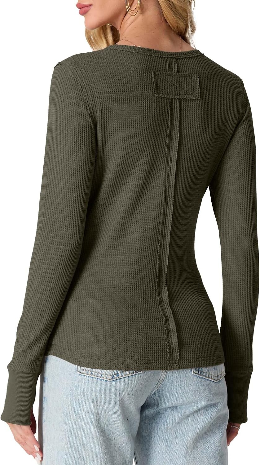 image:imageGRECERELLE Long Sleeve Shirts for Women Waffle Knit Tops for Women Y2K TopsGreen