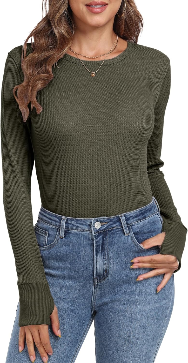 image:imageGRECERELLE Long Sleeve Shirts for Women Waffle Knit Tops for Women Y2K TopsGreen