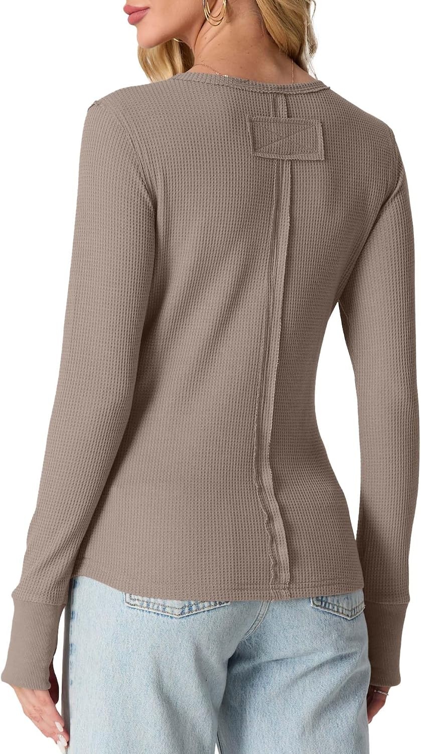 image:imageGRECERELLE Long Sleeve Shirts for Women Waffle Knit Tops for Women Y2K TopsKhaki