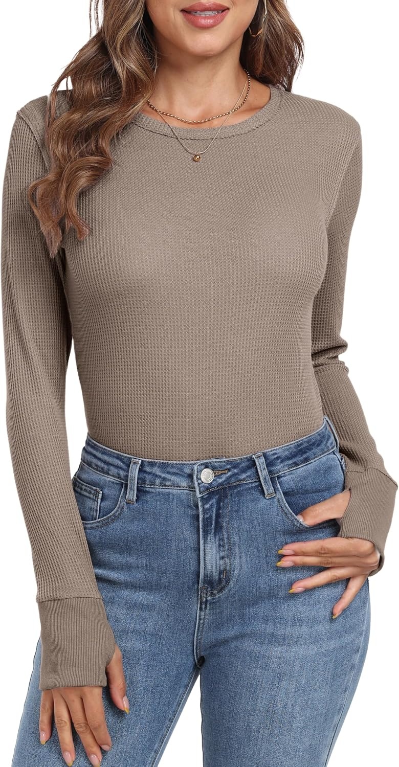 image:imageGRECERELLE Long Sleeve Shirts for Women Waffle Knit Tops for Women Y2K TopsKhaki