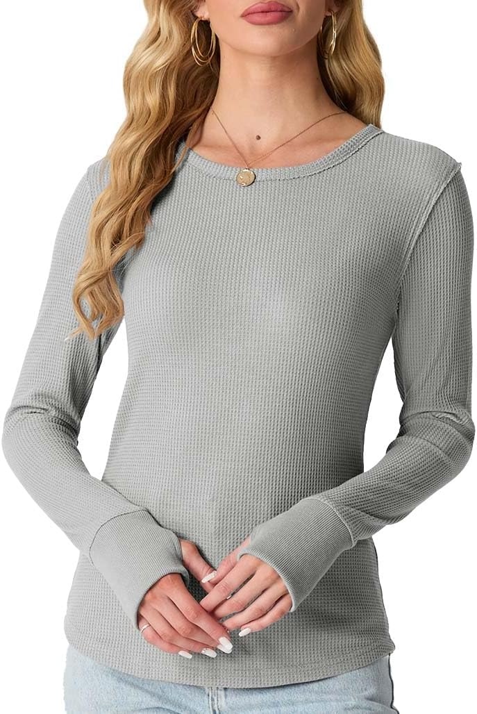 image:imageGRECERELLE Long Sleeve Shirts for Women Waffle Knit Tops for Women Y2K TopsLight Gray