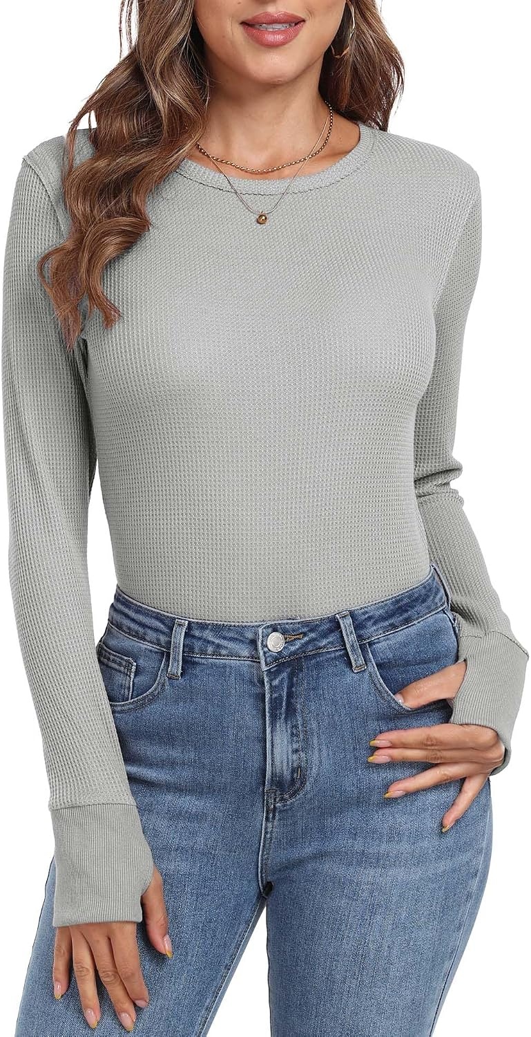 image:imageGRECERELLE Long Sleeve Shirts for Women Waffle Knit Tops for Women Y2K TopsLight Gray