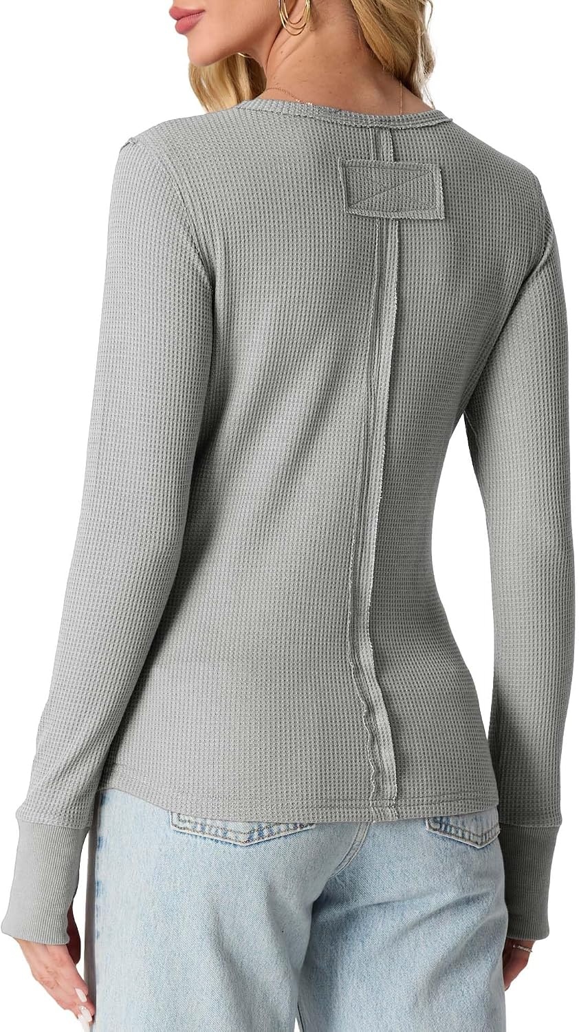 image:imageGRECERELLE Long Sleeve Shirts for Women Waffle Knit Tops for Women Y2K TopsLight Gray