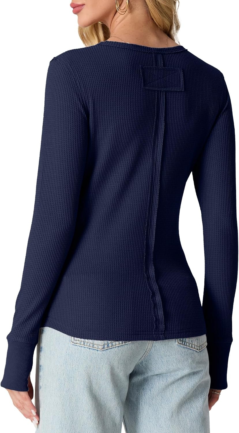 image:imageGRECERELLE Long Sleeve Shirts for Women Waffle Knit Tops for Women Y2K TopsNavy Blue