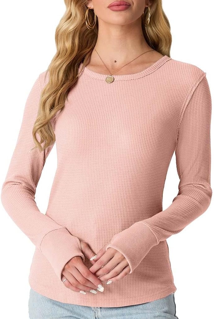 image:imageGRECERELLE Long Sleeve Shirts for Women Waffle Knit Tops for Women Y2K TopsPink